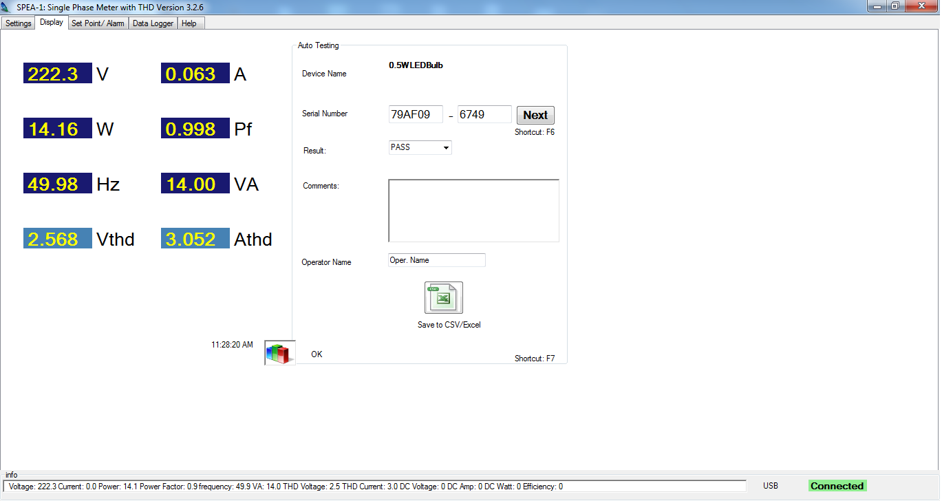 Software page for testing of 14 W Incandescent Bulb